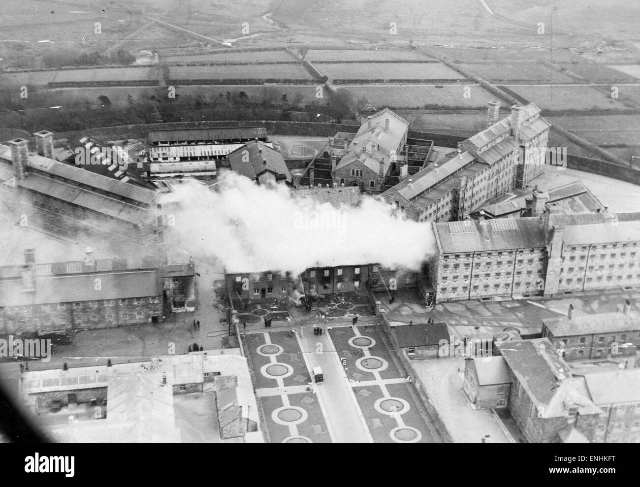 Fire started by prisoners during riot at Dartmoor Prison, January 1932