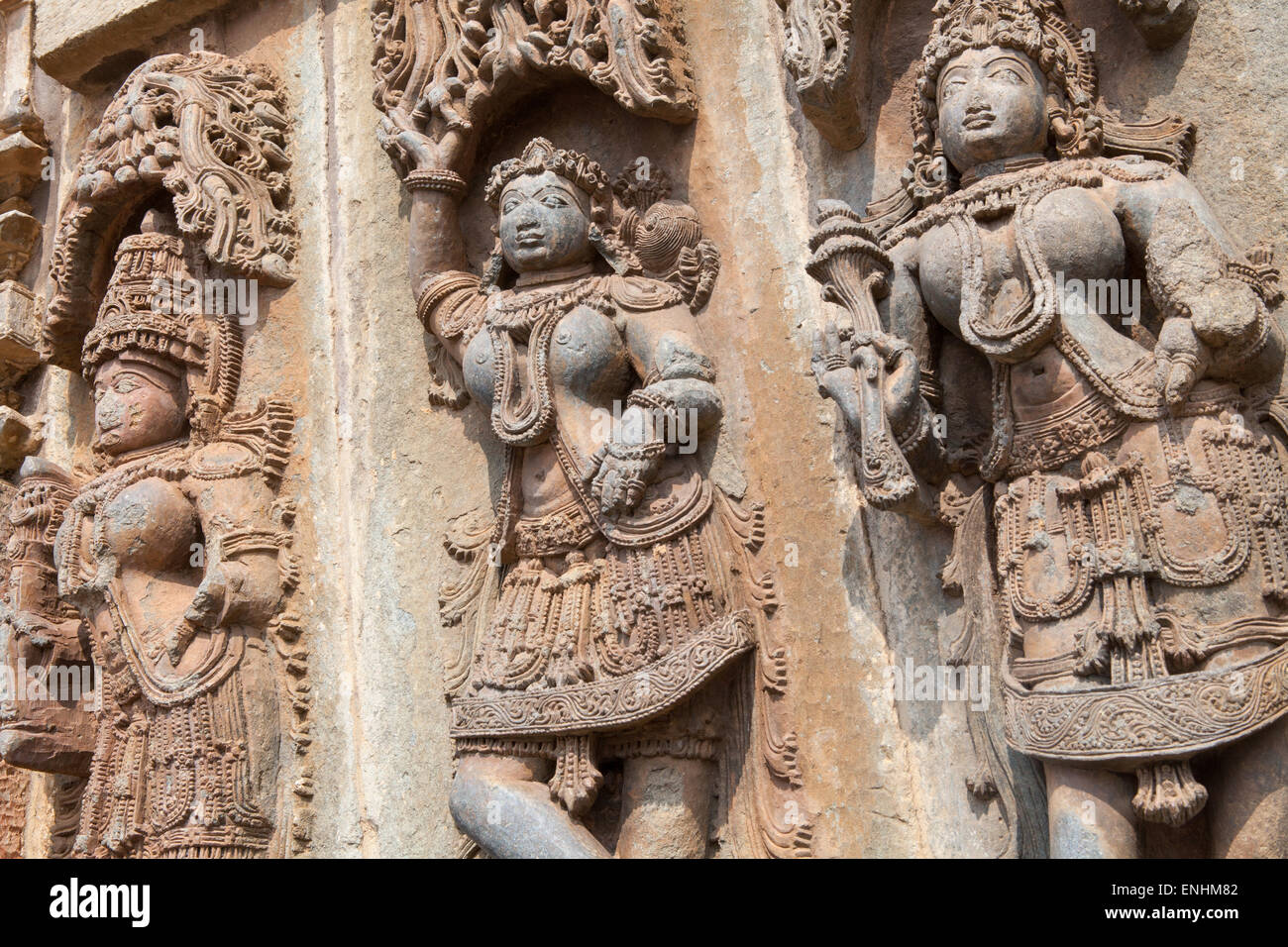 Sculptures and carvings at the Chennakesava Temple in Belur Stock Photo