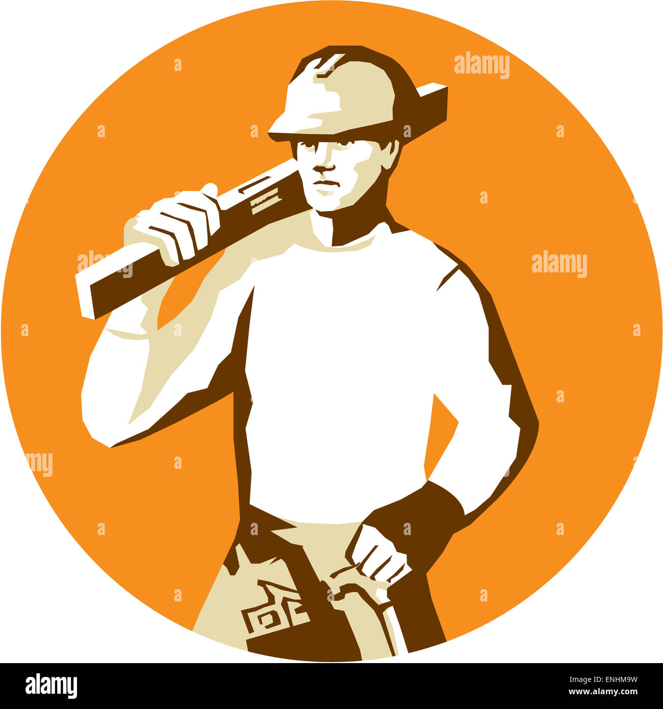 Stencil style illustration of a builder construction worker with toolbelt carrying spirit level