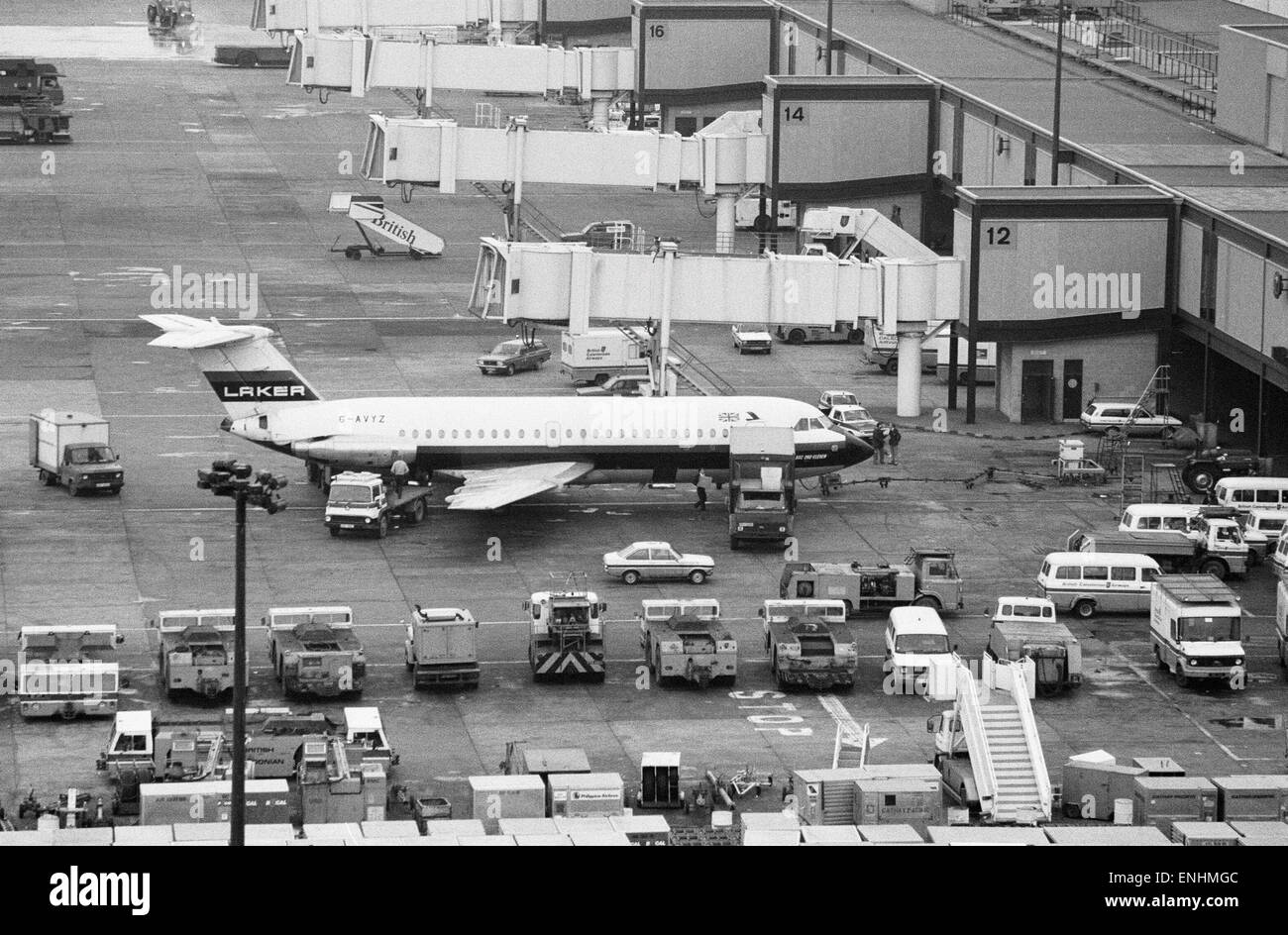Scenes at Gatwick airport in London on the day that Laker Airways went bust. An impounded DC10 on the runway at Gatwick airport. 5th February 1982. Stock Photo