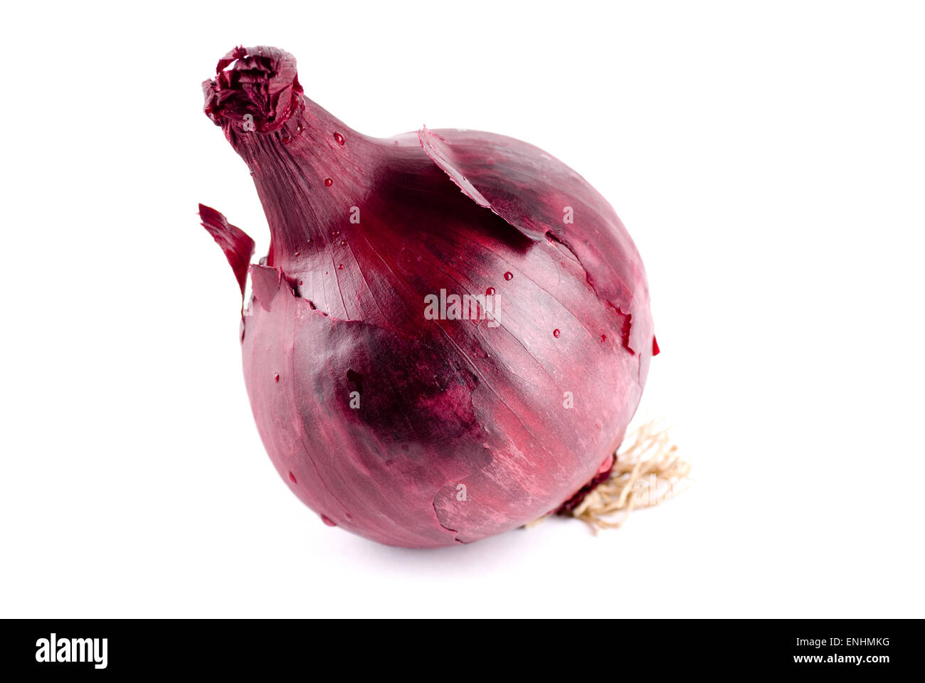 Single unpeeled red onion close up. Stock Photo