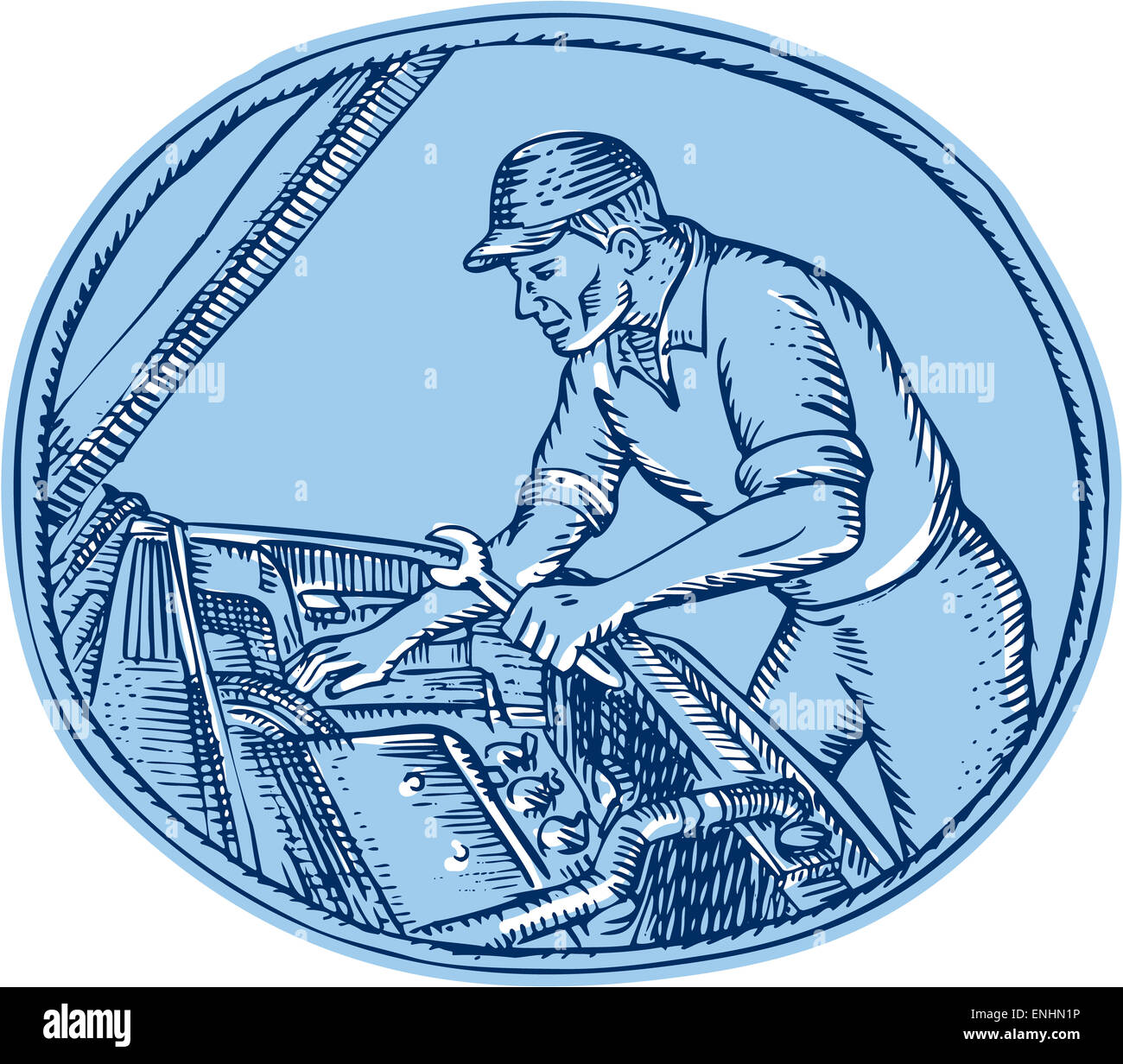 Etching engraving handmade style illustration of an auto mechanic