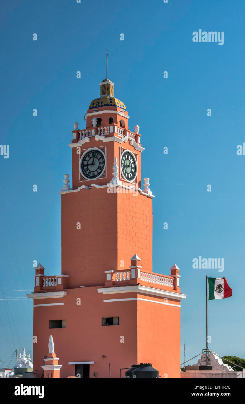 Tower of Palacio Municipal, Mexican flag, Merida, Yucatan state, Mexico Stock Photo