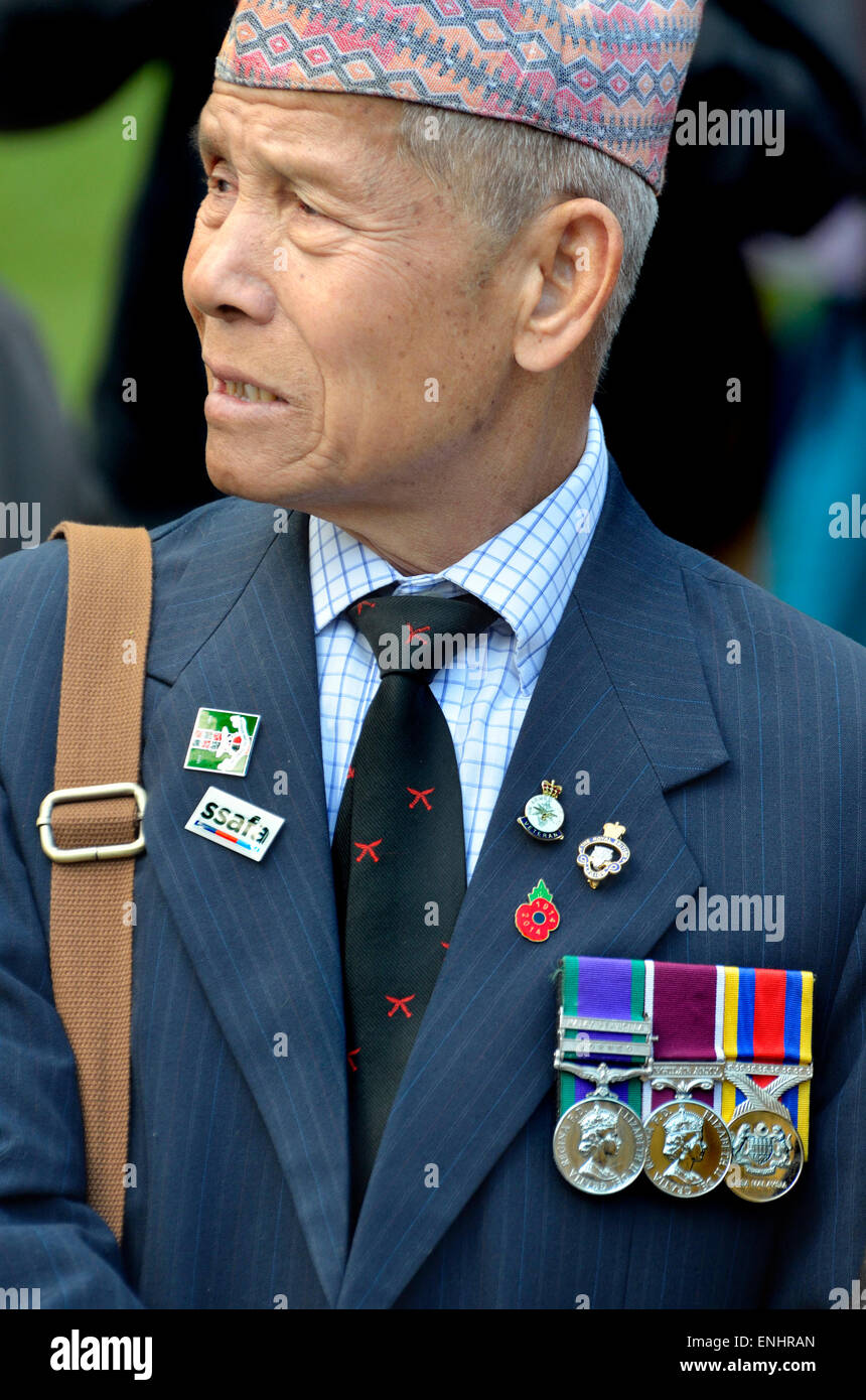 London, England, UK. Retired Gurkha soldier with medals, at a protest against inequality of pay and pensions for Gurkhas Stock Photo