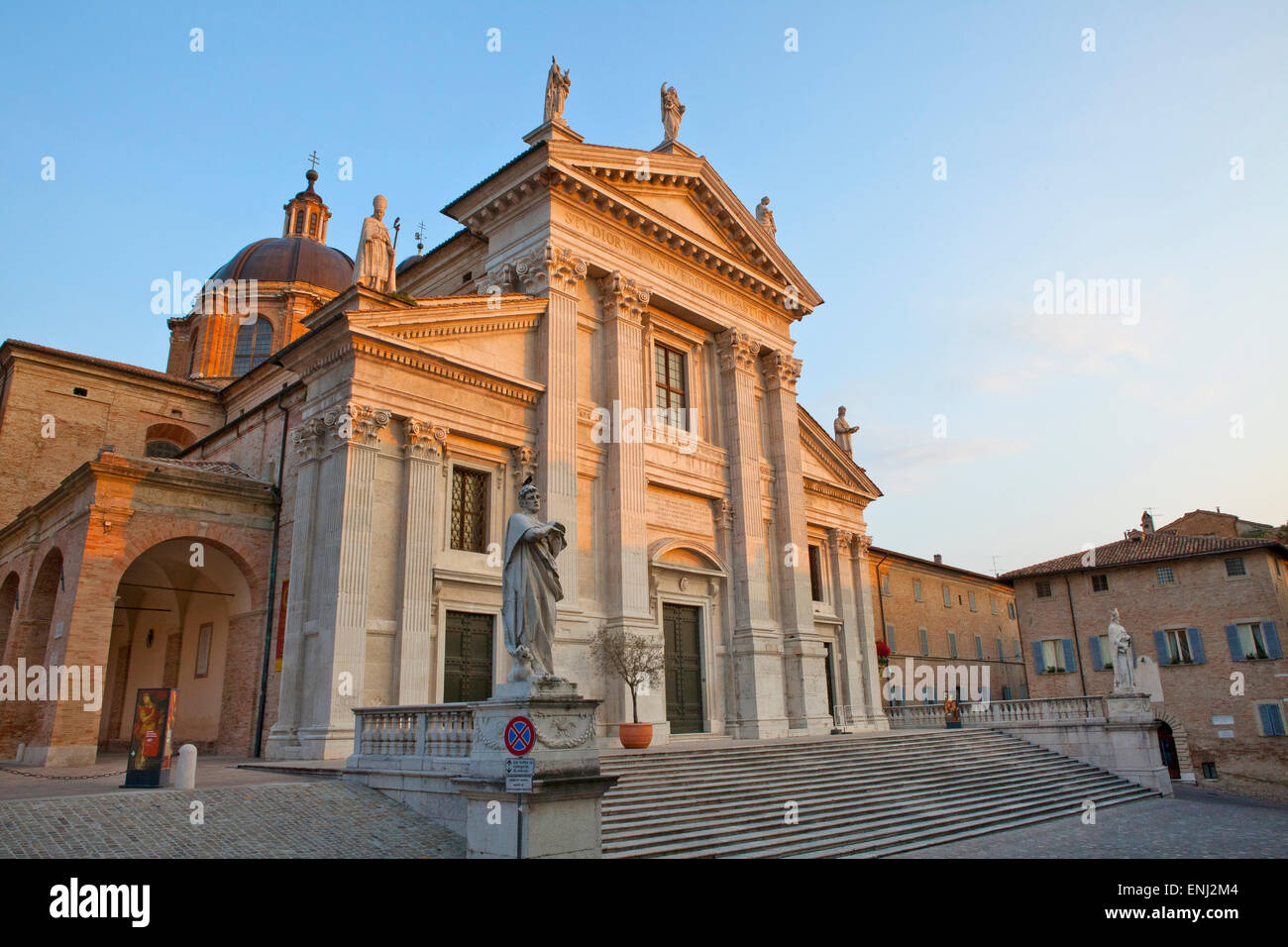 Image of the Duomo of Urbino ( cathedral ) , a church founded in 1021 over a 6th century religious edifice . Urbino is a walled Stock Photo