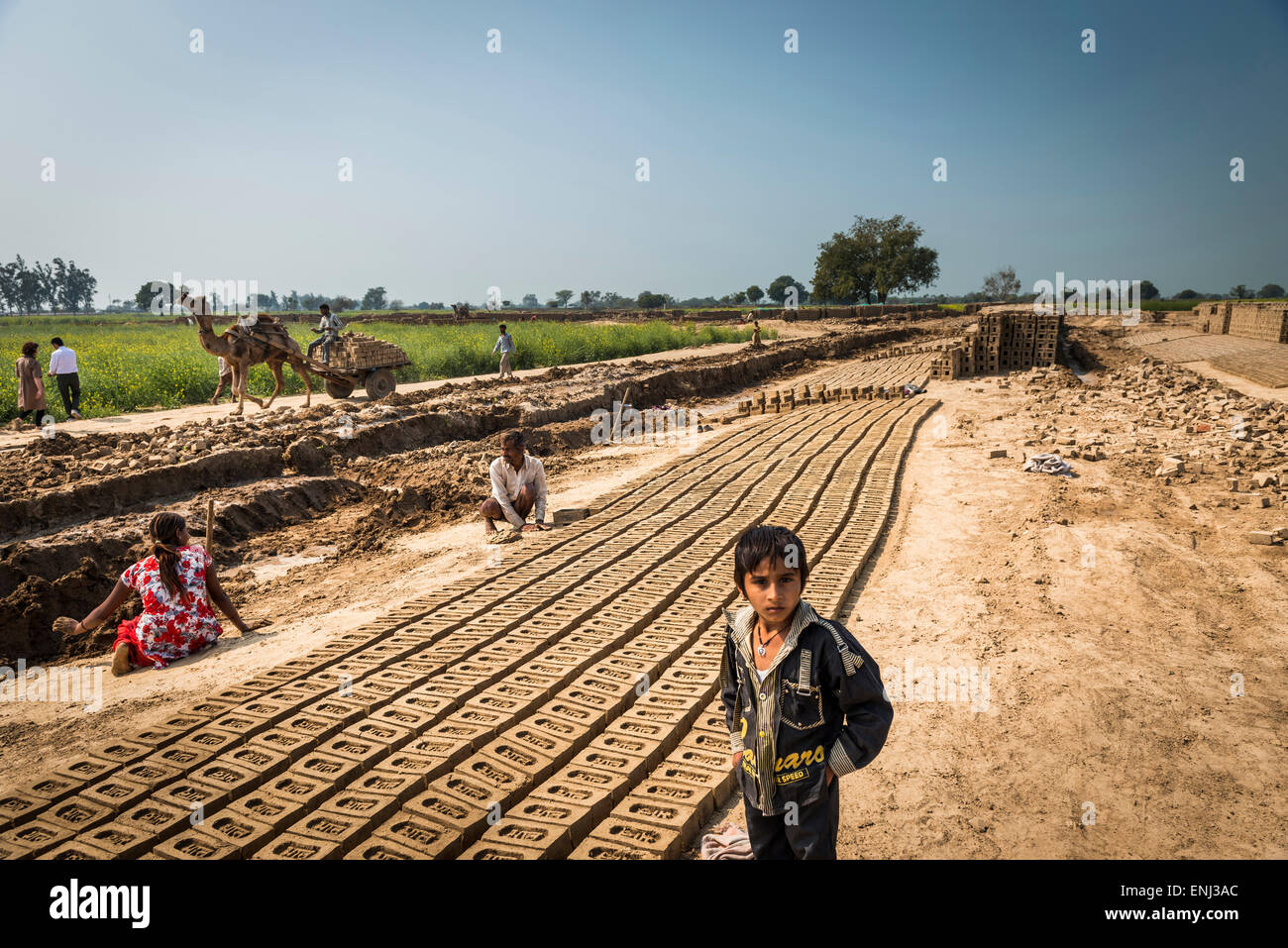 People working at a brick works in Uttar Pradesh, India Stock Photo