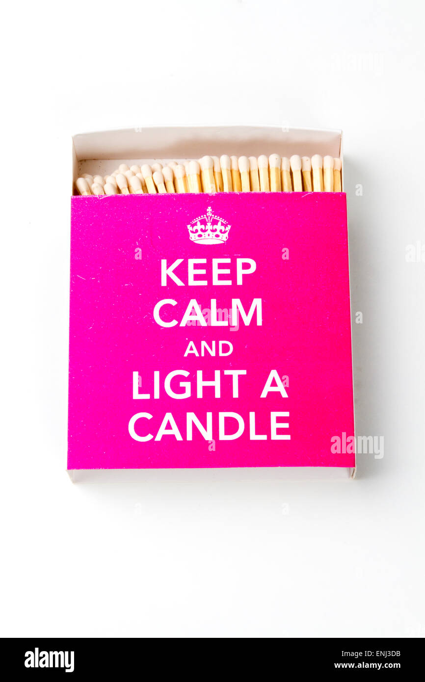 Brightly coloured matchbox with the words Keep Calm and Light a Candle
