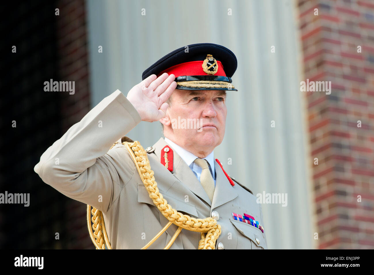 British Chief of the Defence Staff Gen. Nick Houghton renders a salute during the playing of the U.S. and U.K. national anthems on arrival for the Joint Chiefs of Staff Dialogue conference at he National Defense University May 5, 2015 in Washington, D.C. Stock Photo