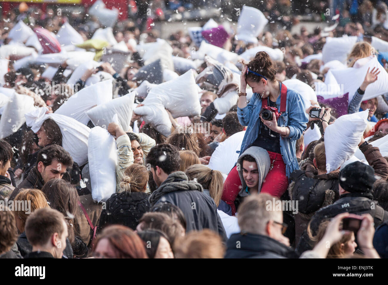 International Pillow Fight Day on London's Trafalgar Square, April 2013. Stock Photo