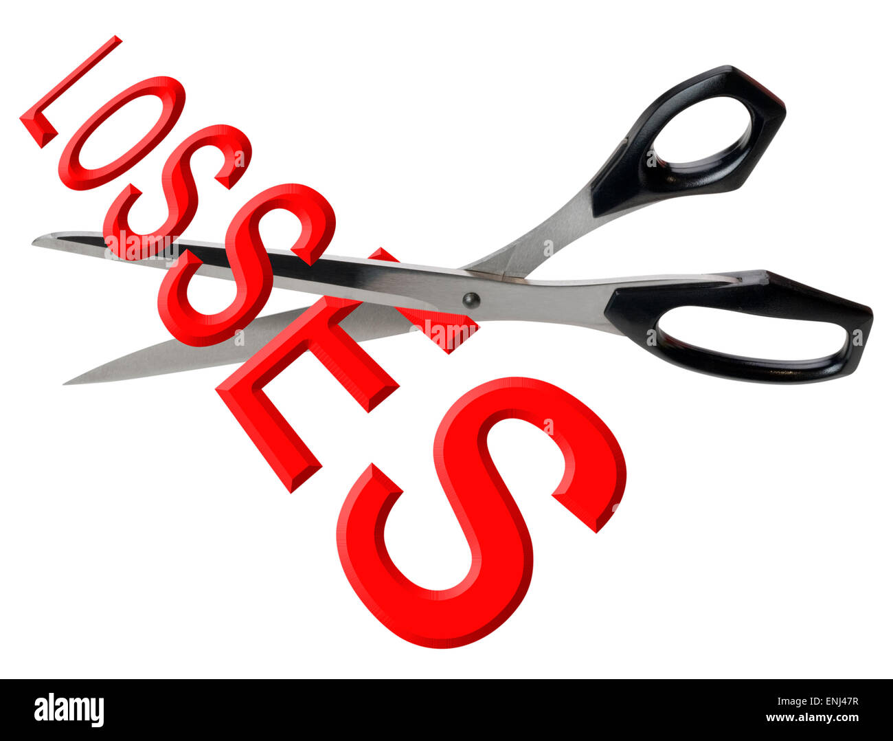 Scissors cutting through the 2d word losses, isolated with clipping path Stock Photo