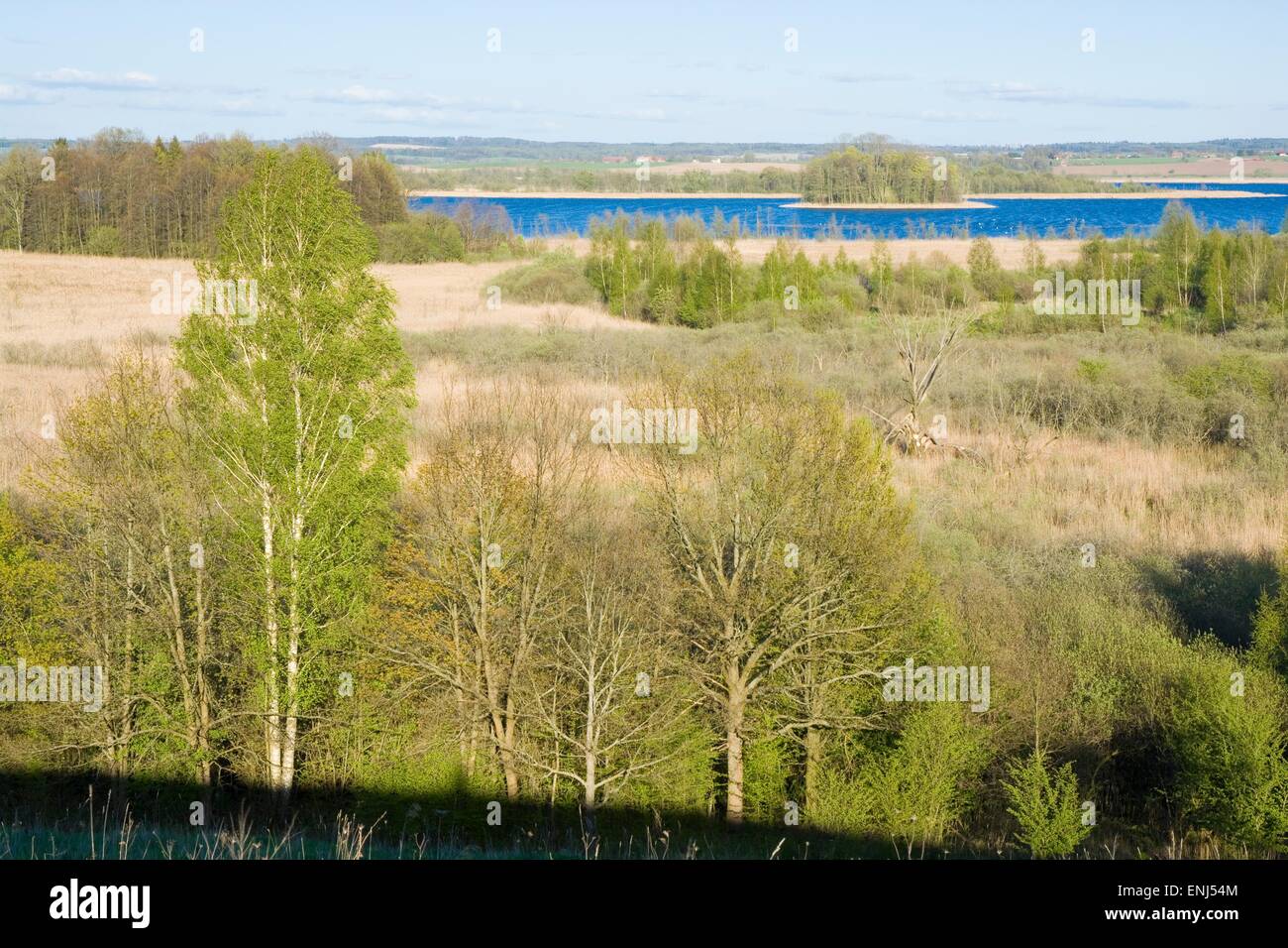 Beautiful spring landscape - top view of lakes and hills of Masuria District, Oswin Lake, Poland Stock Photo