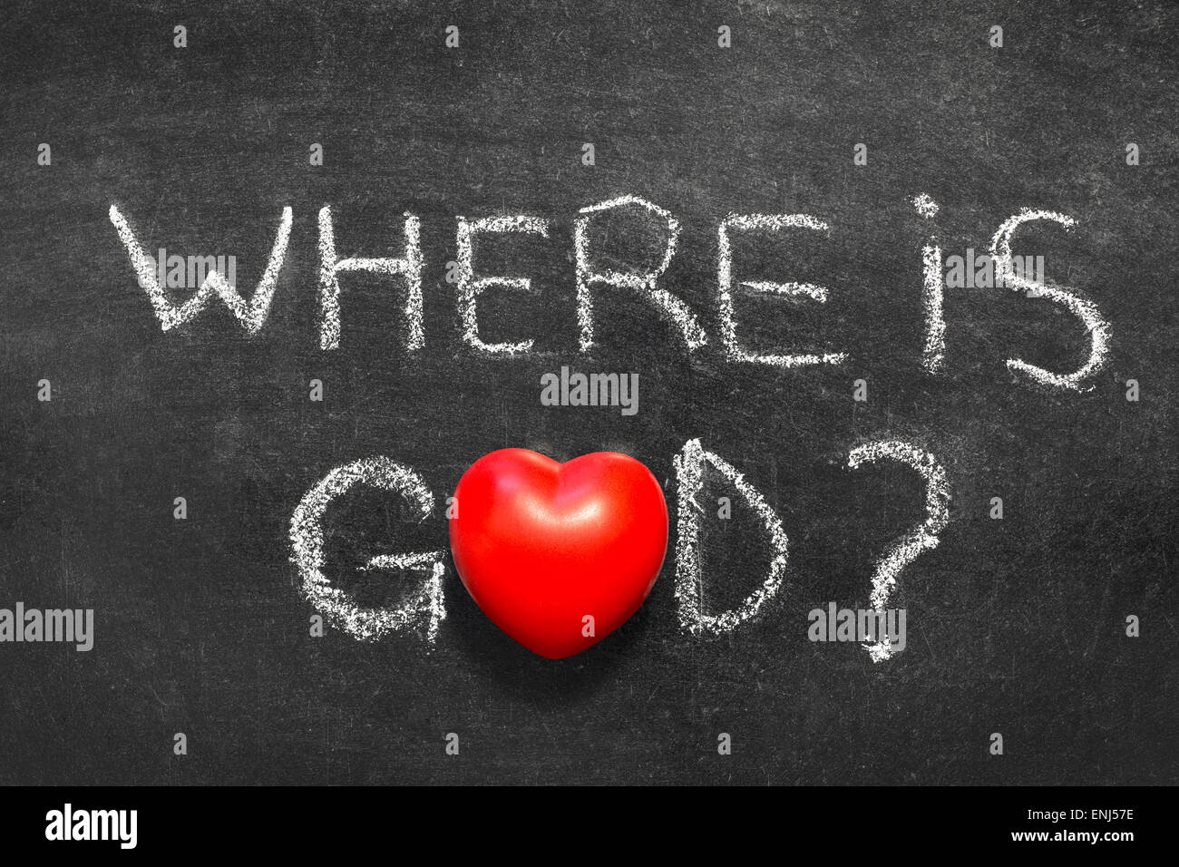 where is god question handwritten on chalkboard with red heart symbol instead of O Stock Photo