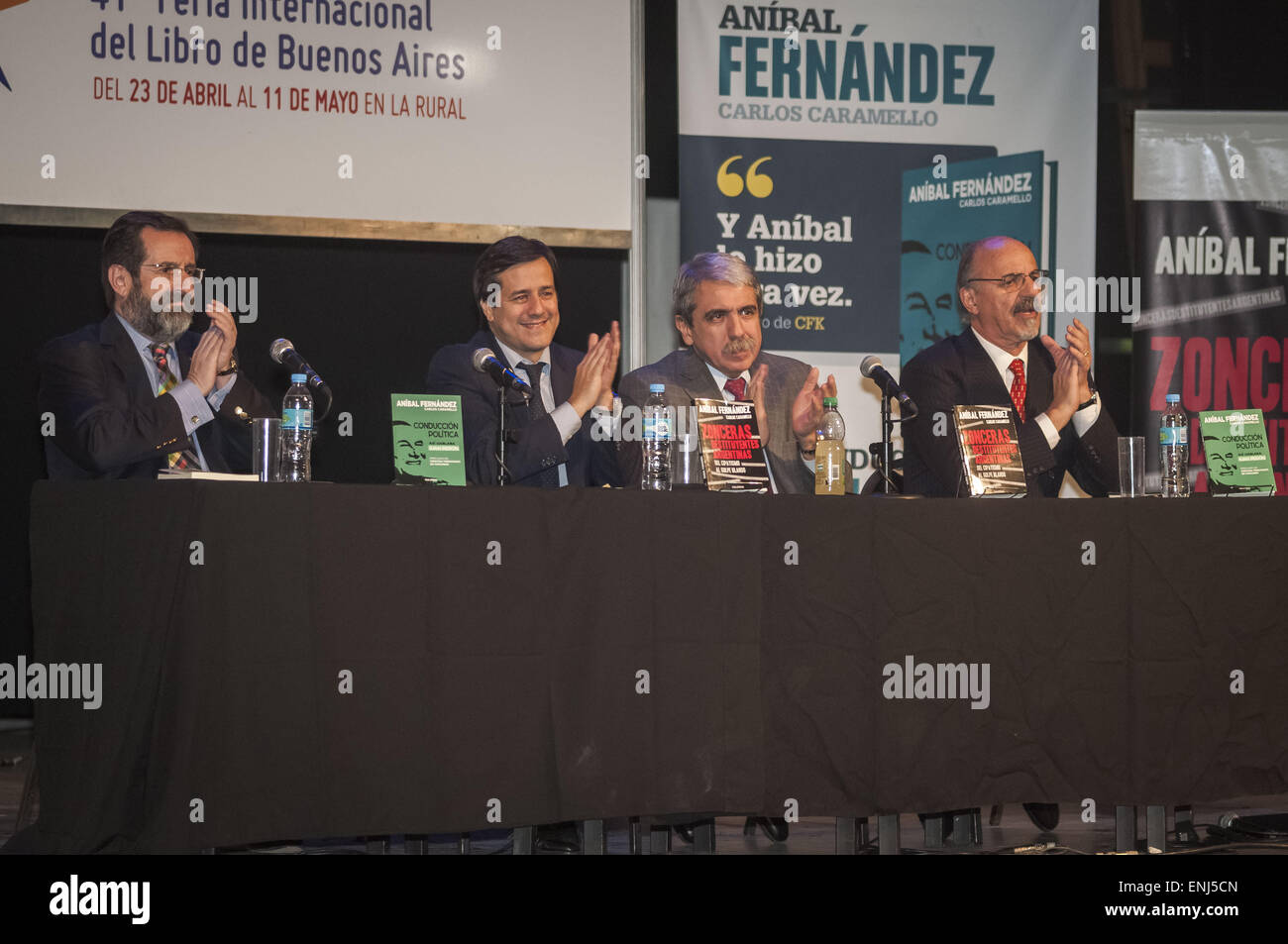 Buenos Aires, Buenos Aires, Argentina. 5th May, 2015. Writer Carlos Caramello, Aerolineas Argentinas president and candidate to Major Mariano Recalde, Chief of Cabinet Anibal Fernandez and Ministry of Labour Carlos tomada during the presentation of Fernandez and Caramello's new book ''Conduccion politica. Asi hablaba Juan Peron'' (Political management. So spoke Juan Peron), a book that deals with the politics of historic Argentinian leader Juan Peron. © Patricio Murphy/ZUMA Wire/Alamy Live News Stock Photo