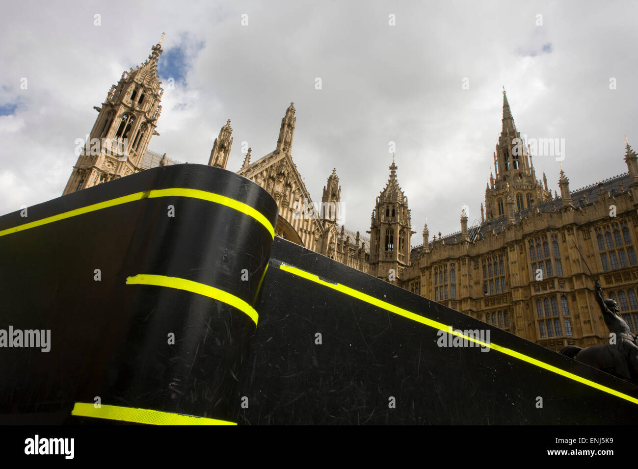 Solid security barrier under the Palace of Westminster in central London. Stock Photo