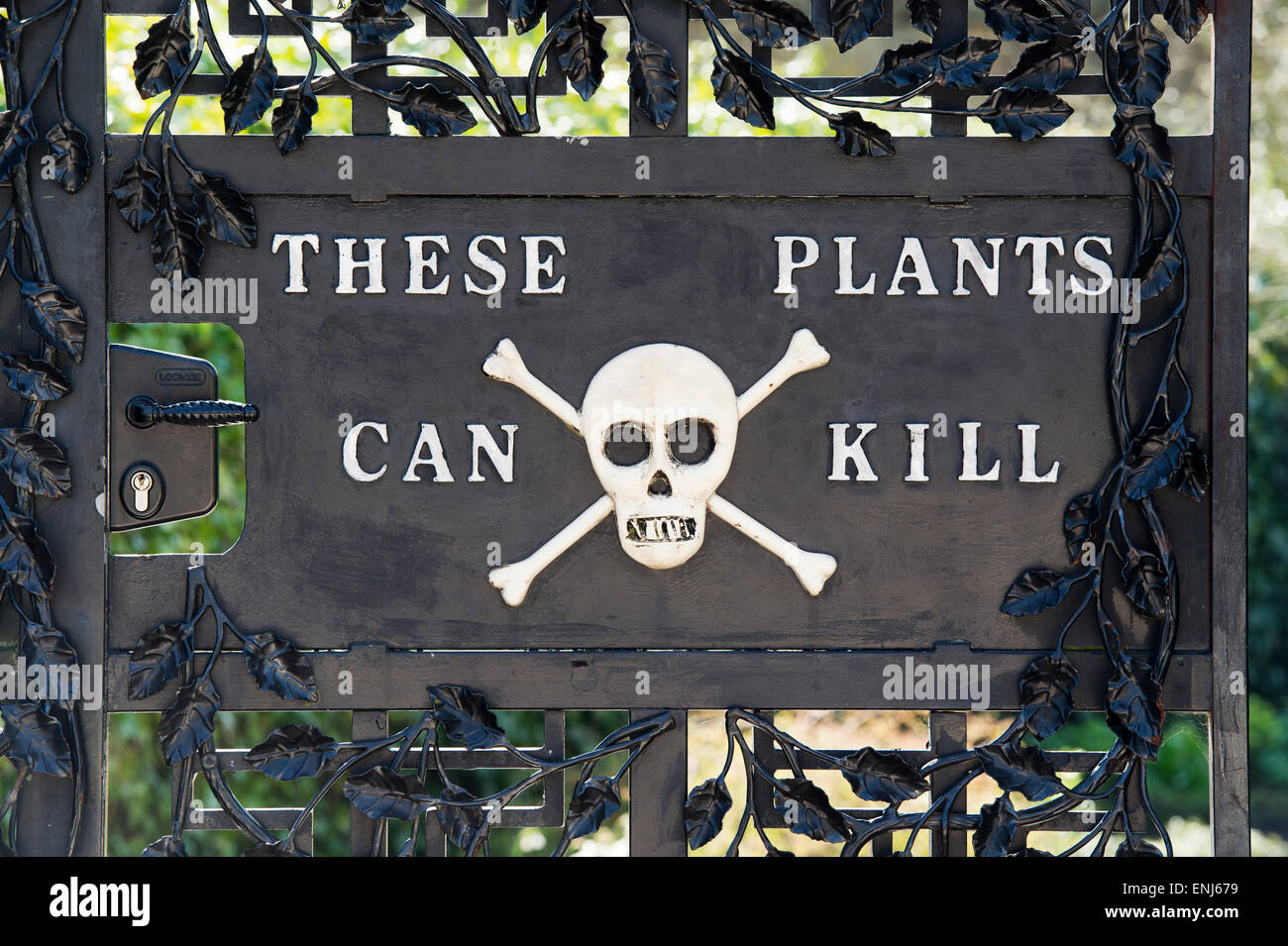 These plants can kill sign on the gates of the poison garden at Alnwick gardens. Northumberland, England Stock Photo