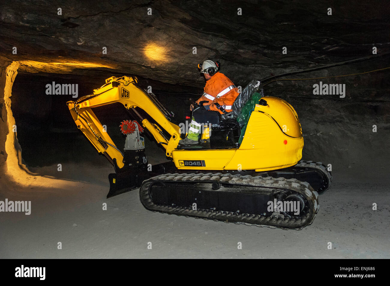 JCB 8045 mini excavator in a Gypsum mine. UK Stock Photo