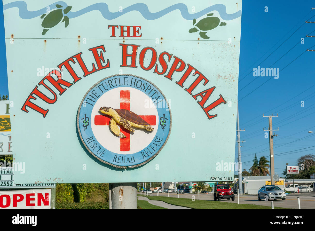 Roadside sign for The Turtle Hospital. Marathon, Florida. USA Stock Photo