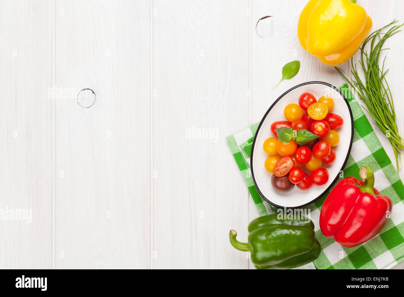 Fresh colorful vegetables on white wooden table. Top view with copy ...