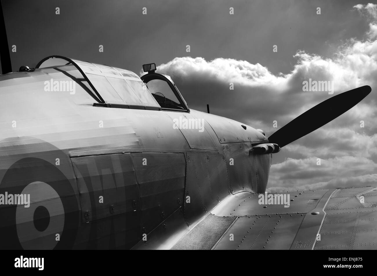 WWII Hurricane, black and white, taken just before flight in the UK Stock Photo