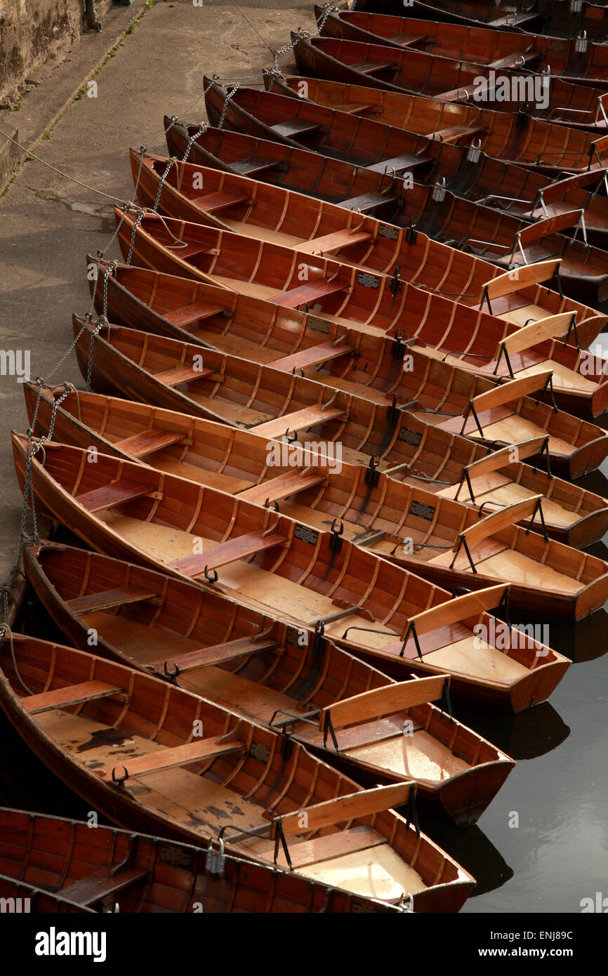 Classic wooden rowing boats on the River Wear by Elvet Bridge Durham UK Stock Photo