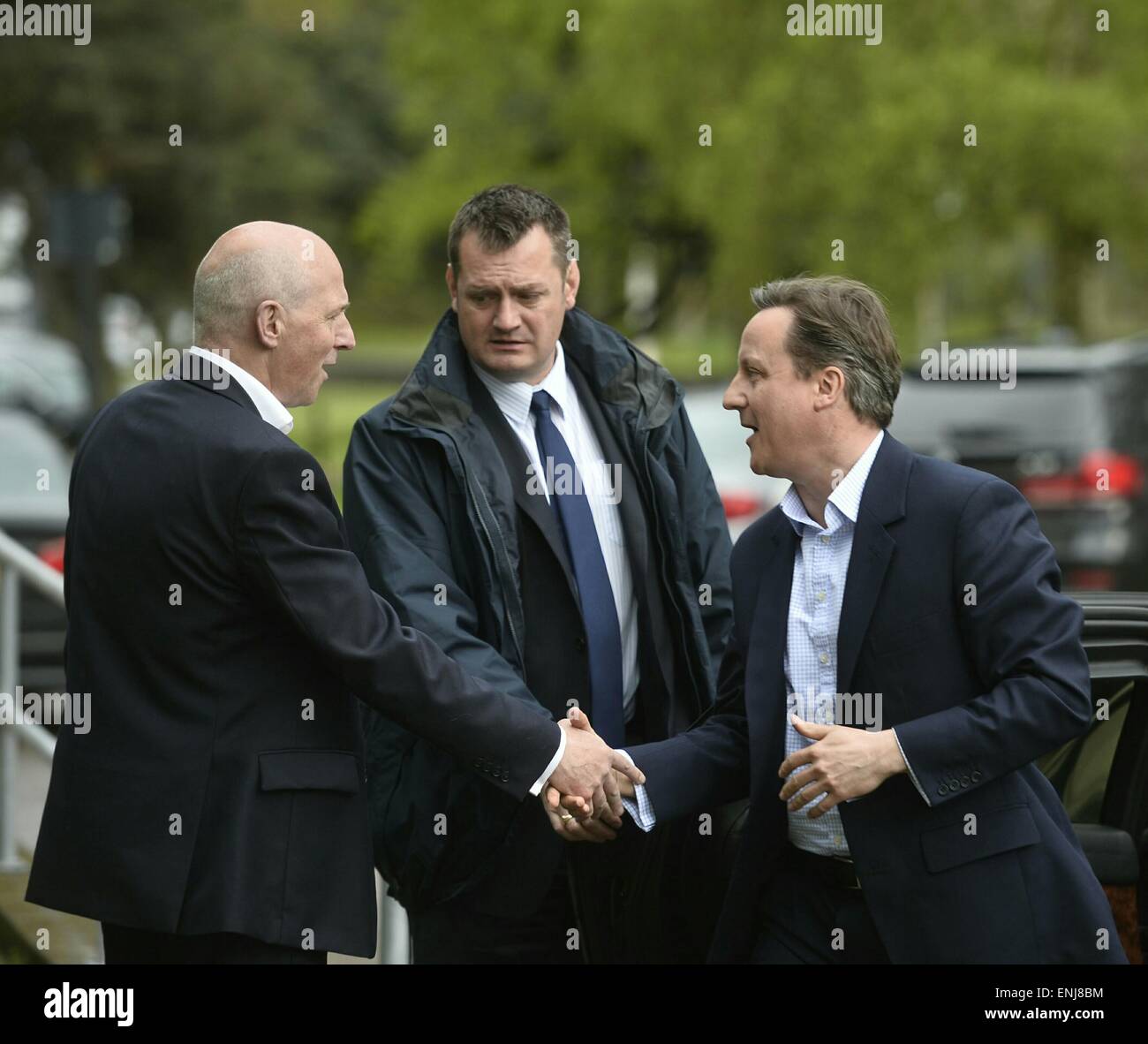 Carlisle, UK. 06th May, 2015. Prime Minister arrives in Carlisle and meets Conservative candidate John Stevenson during a visit to Harrison and Hetherington Border way Mart Carlisle on the final day of campaigning in the General Election: 6 May 2015 Credit:  STUART WALKER/Alamy Live News Stock Photo