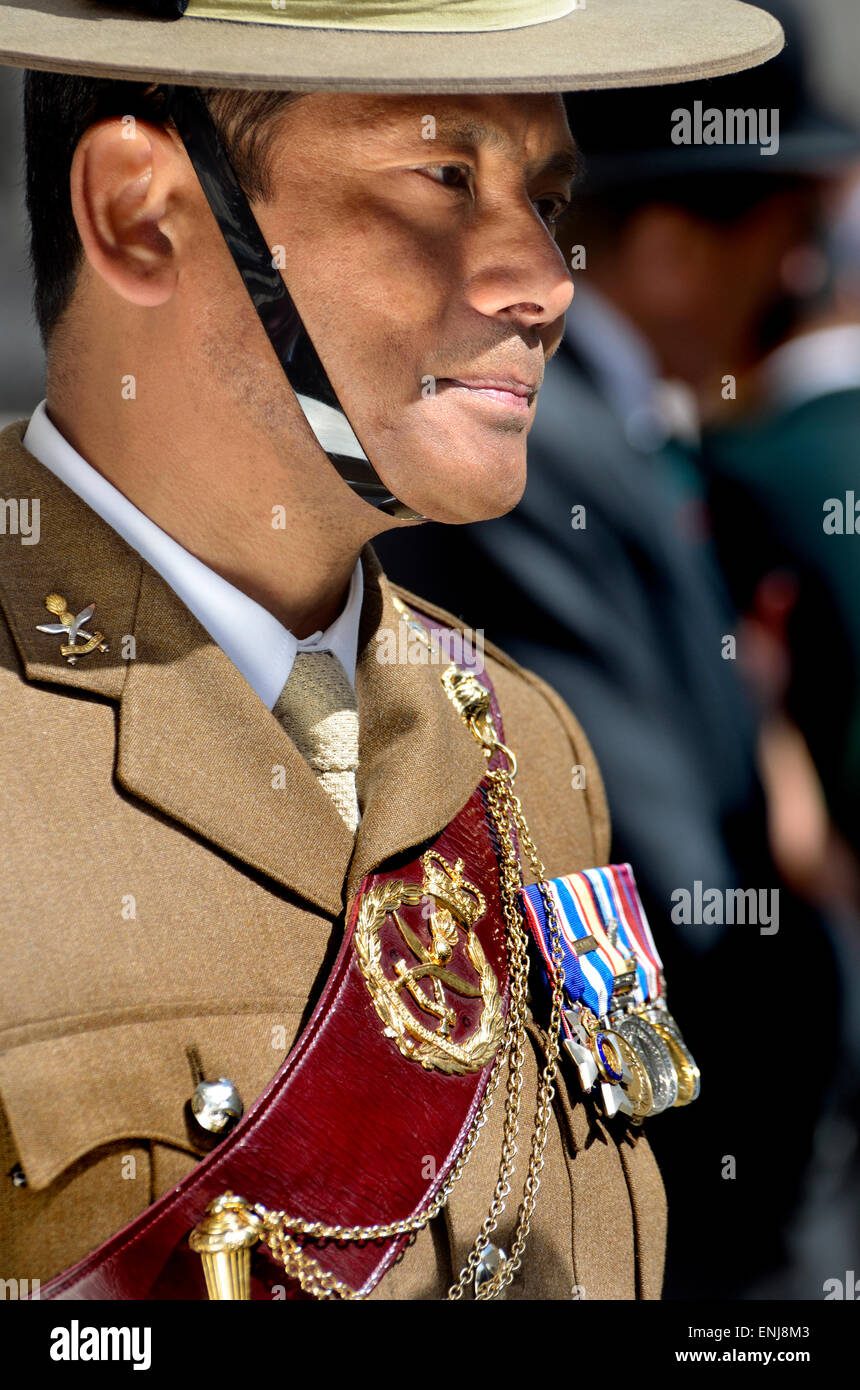 Soldier of the Royal Gurkha Rifles in ceremonial uniform with medals Stock Photo