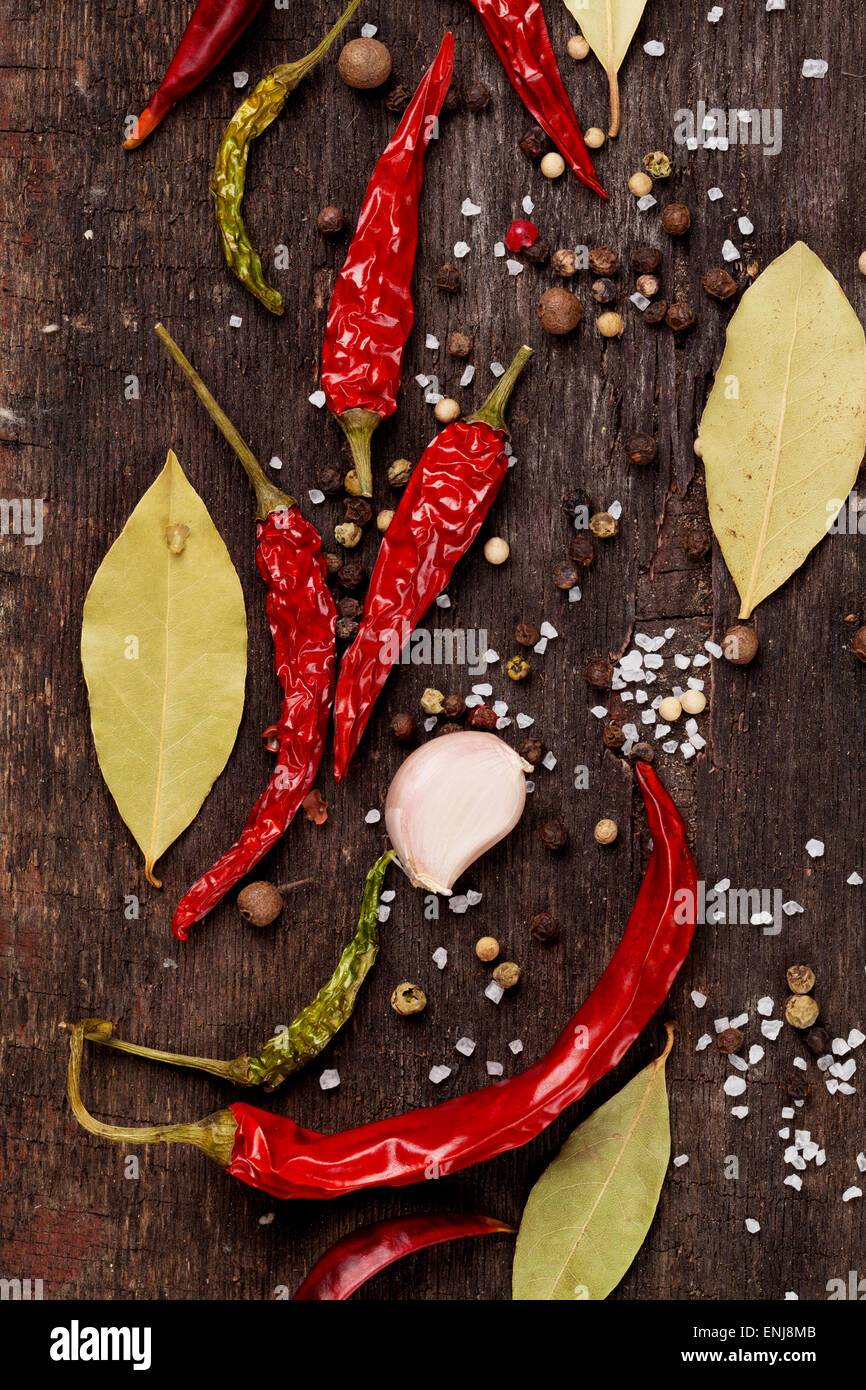 Various spices on wooden background. Top view Stock Photo