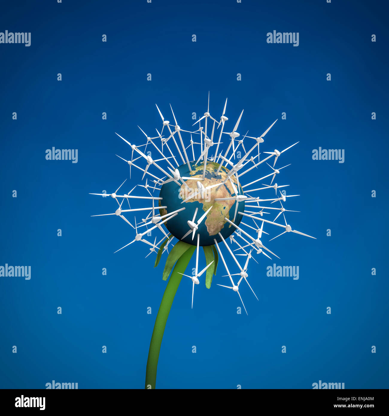 3D render of Earth as dandelion covered with wind turbines Stock Photo