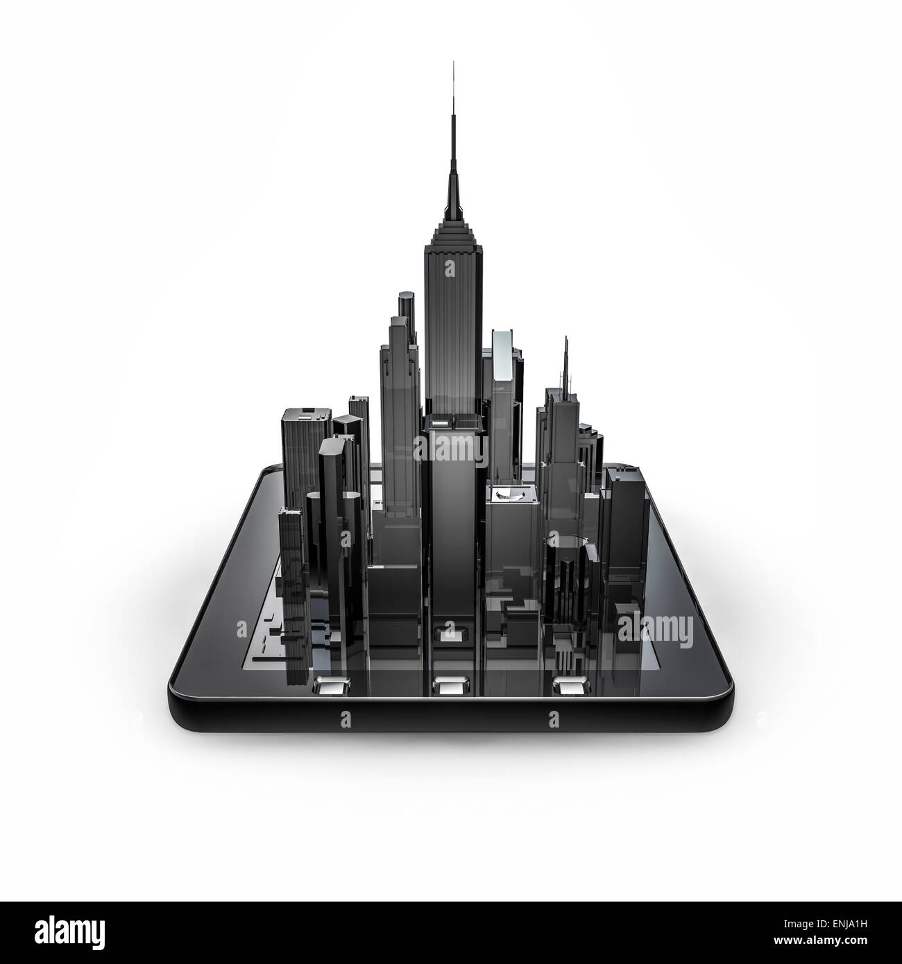 3D render of city rising from tablet computer screen Stock Photo