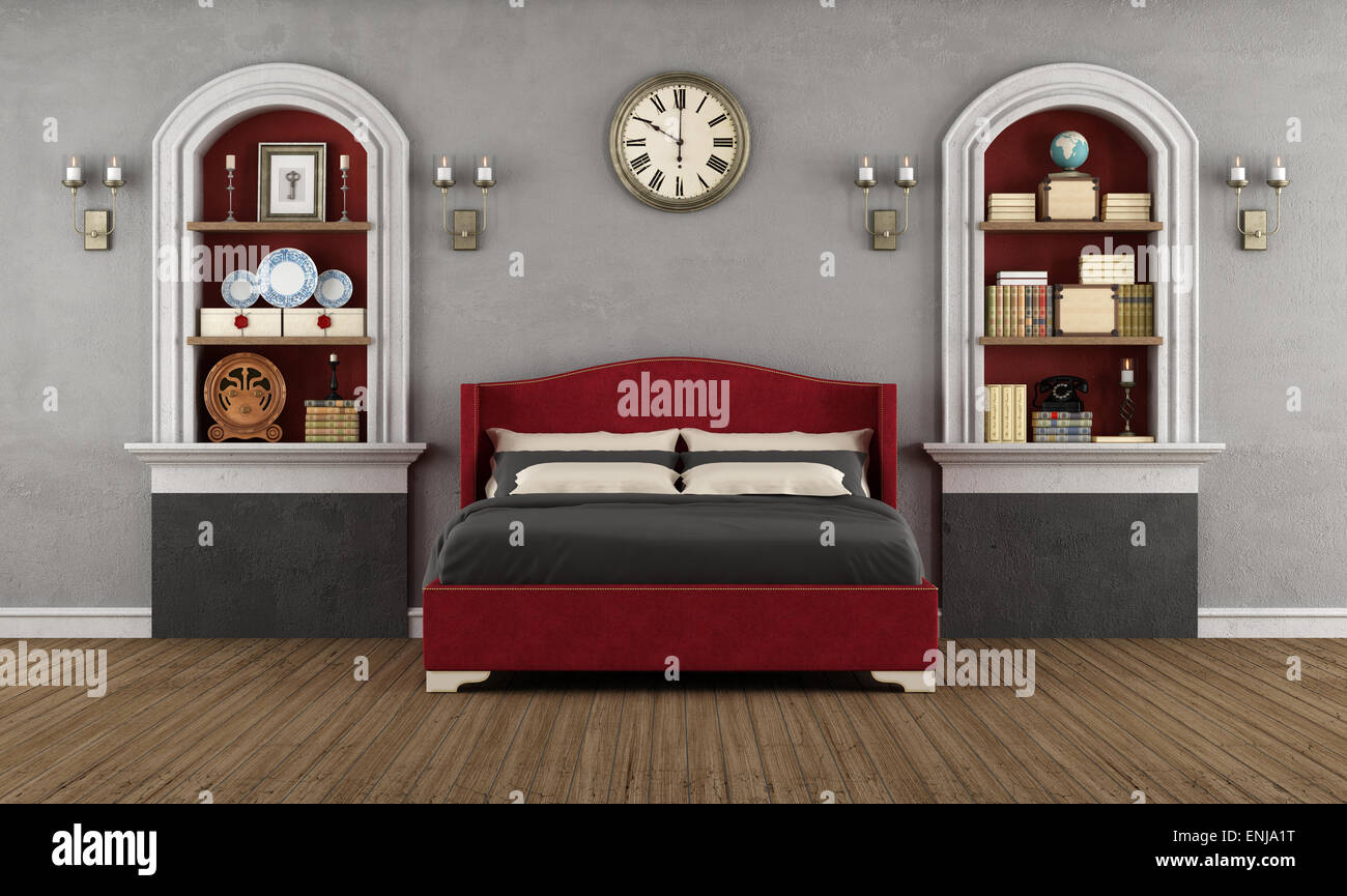 Vintage bedroom with classic double bed,niche and retro objects - 3D Rendering Stock Photo
