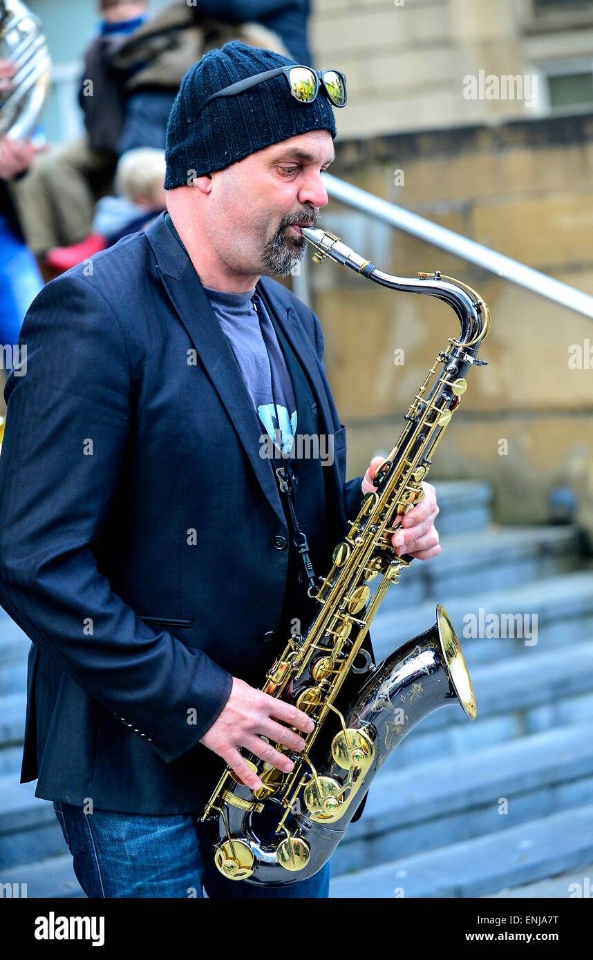 Arjan de Swart from the Jaydee Brass Band, from the Netherlands, performing at the 2015 City of Derry Jazz Festival. Stock Photo
