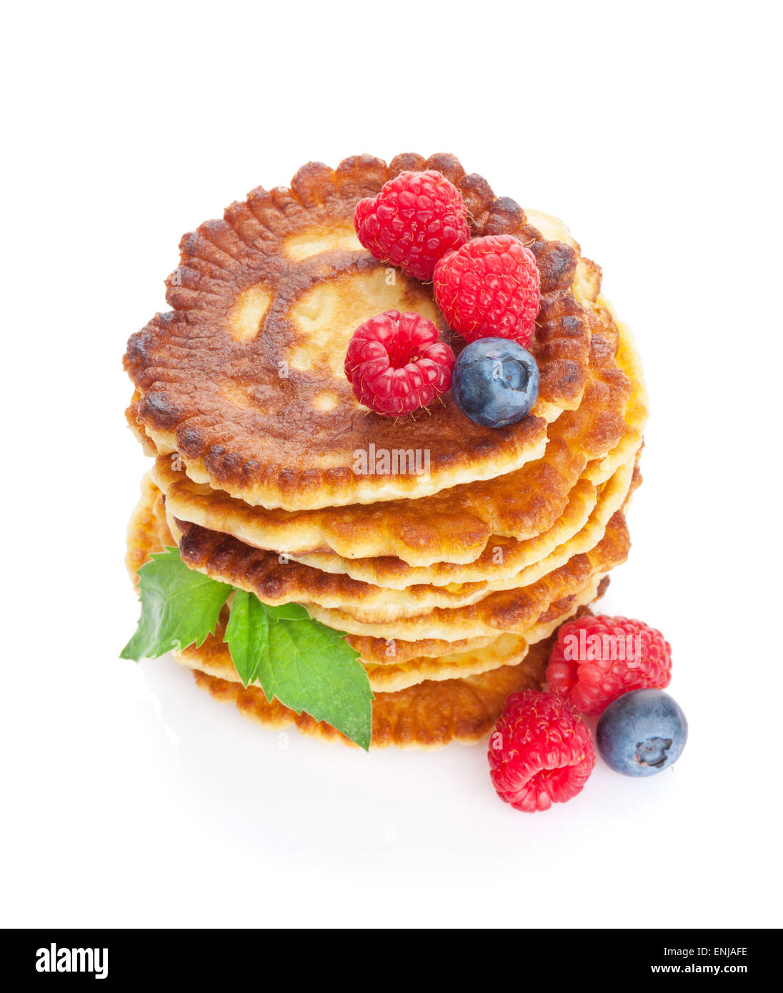 Pancakes Raspberry Blueberries Mint Pancakes with raspberry, blueberry and mint. Isolated on white ...