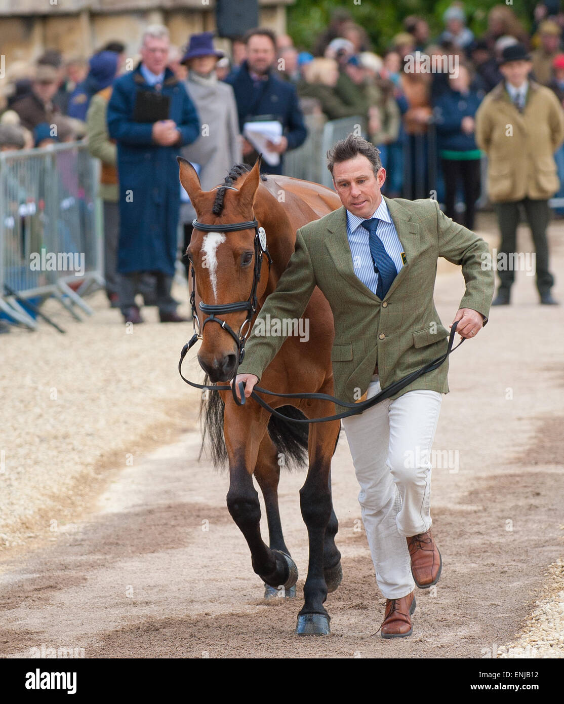 Badminton, Gloucestershire, UK. 6th May, 2015. Last winning rider Sam Griffiths showing Paulank Brockagh at the First Horse Inspection at the 2015 Mitsubishi Badminton Horse Trials. Credit:  charlie bryan/Alamy Live News Stock Photo