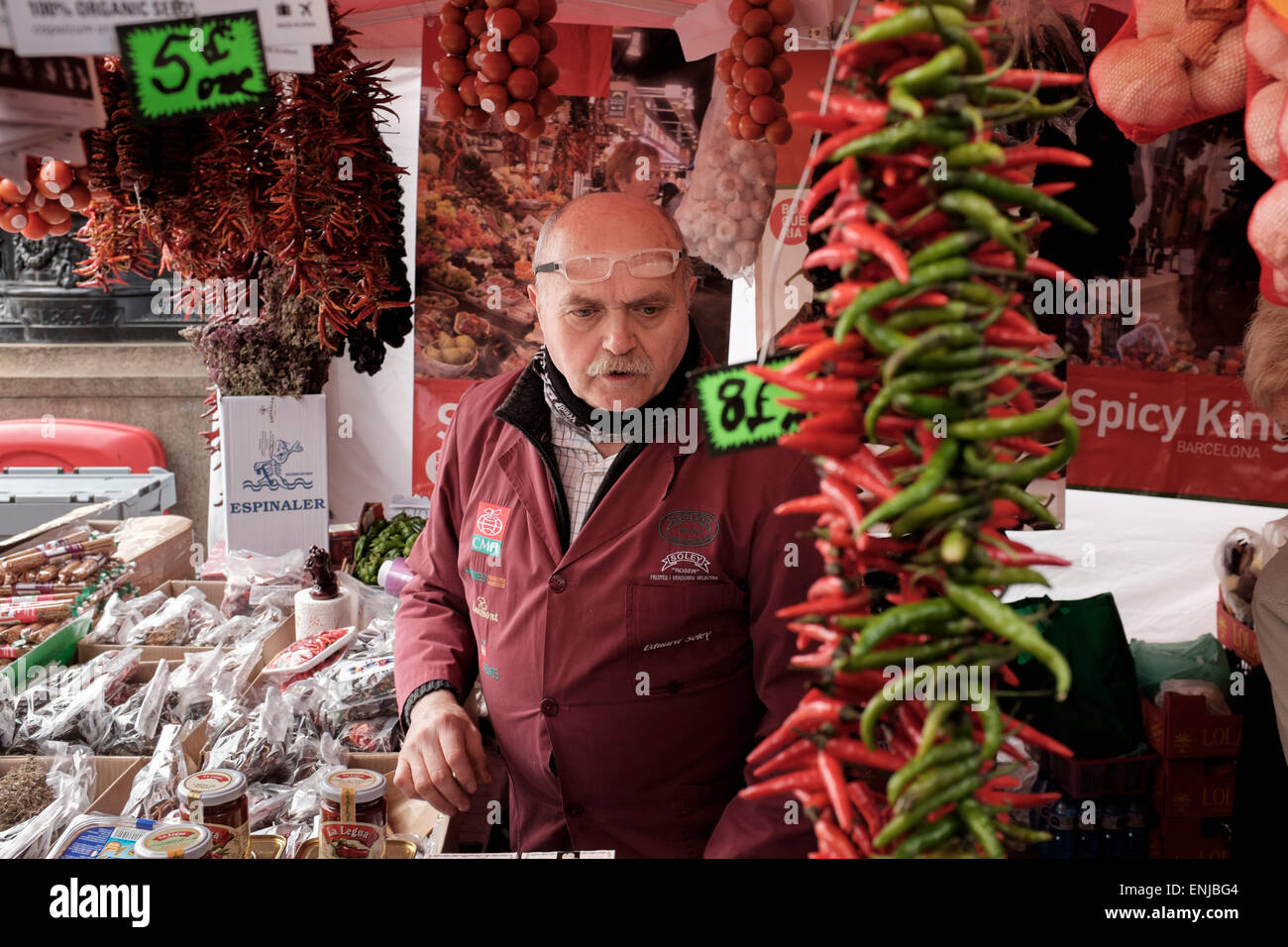 Vendor on Catalonian food stall,during the traditional Spanish week on the South Bank in London,England Stock Photo