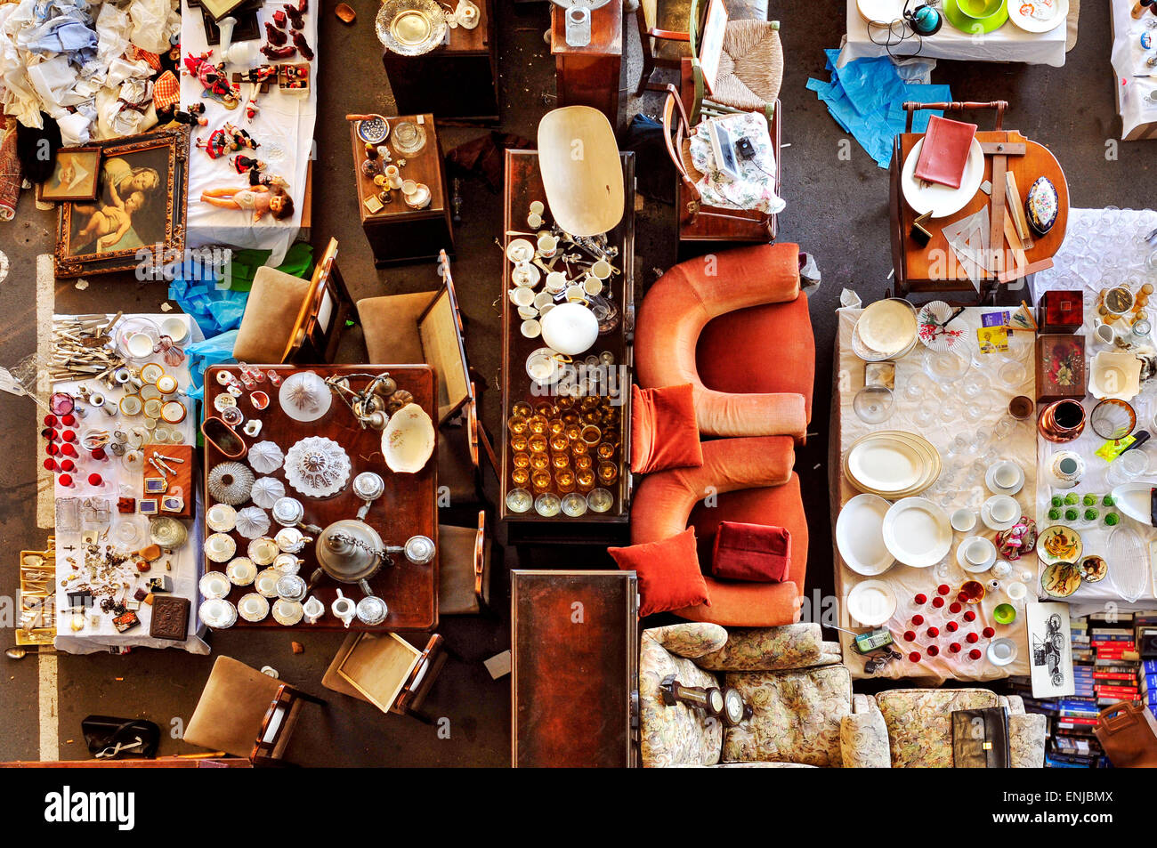 high-angle shot of a stall in a flea market full of bits and pieces Stock Photo