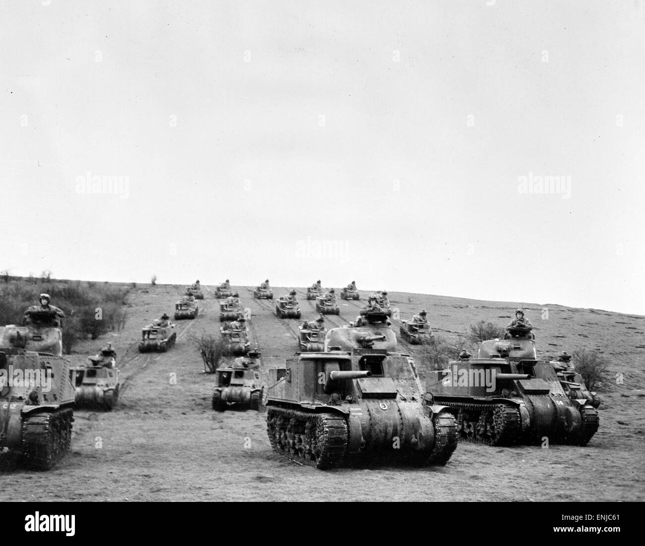 American tanks training on an English plain during group maneuvers. Stock Photo