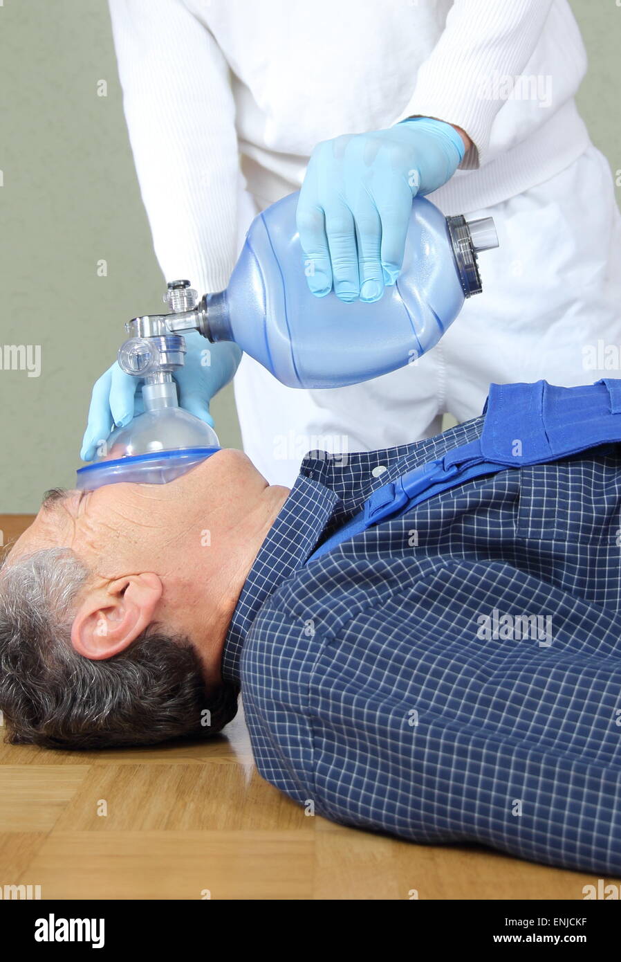First aid for a patient with resuscitator Stock Photo