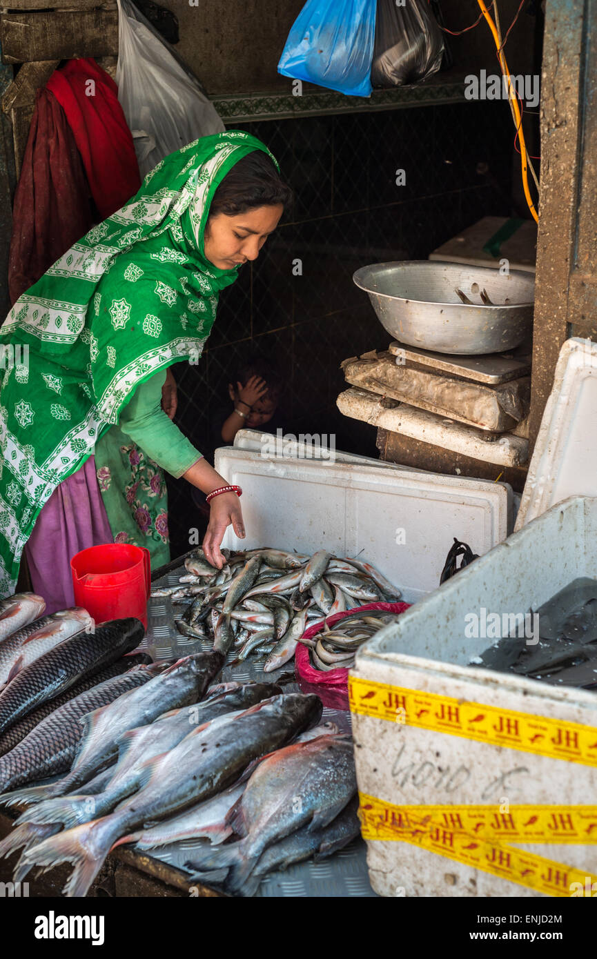 Woman selling  fish in Bhaktapur, Nepal Stock Photo