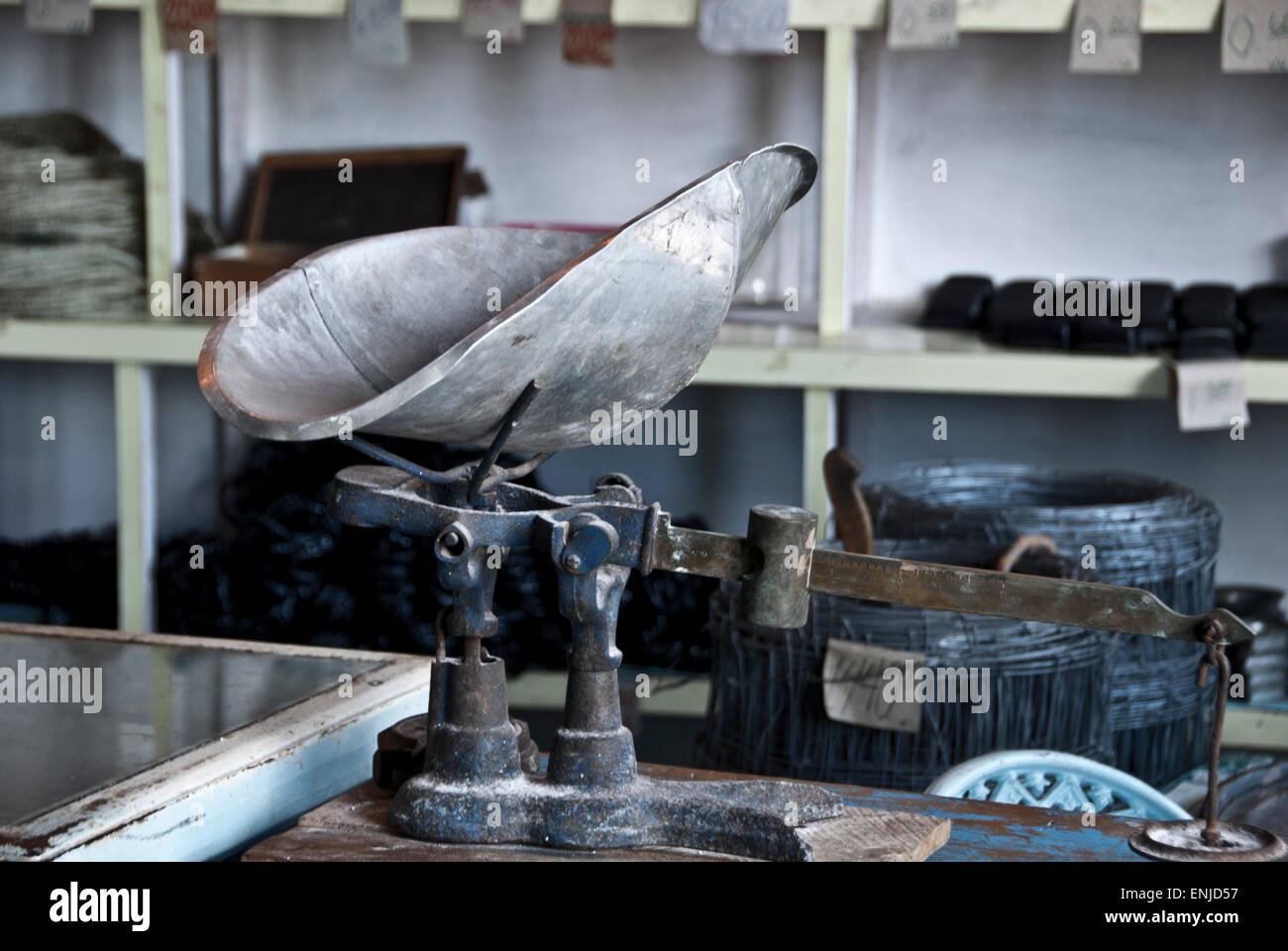 Old set of scales in a peso or ration shop in Remedios, Cuba Stock Photo