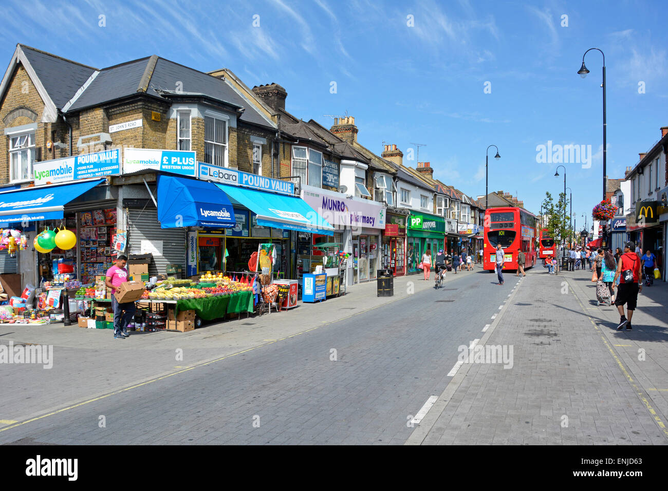 Buses only have access to pedestrianised shopping high street East Ham Newham East London England UK Stock Photo
