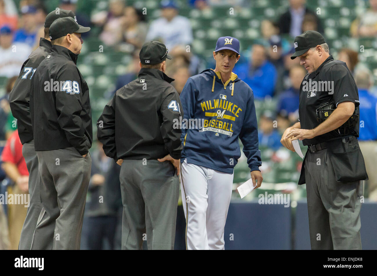 May 5, 2015: Milwaukee Brewers manager Craig Counsell #30 before the start of the Major League Baseball game between the Milwaukee Brewers and the Los Angeles Dodgers at Miller Park in Milwaukee, WI. Dodgers beat the Brewers 7-1. John Fisher/CSM Stock Photo
