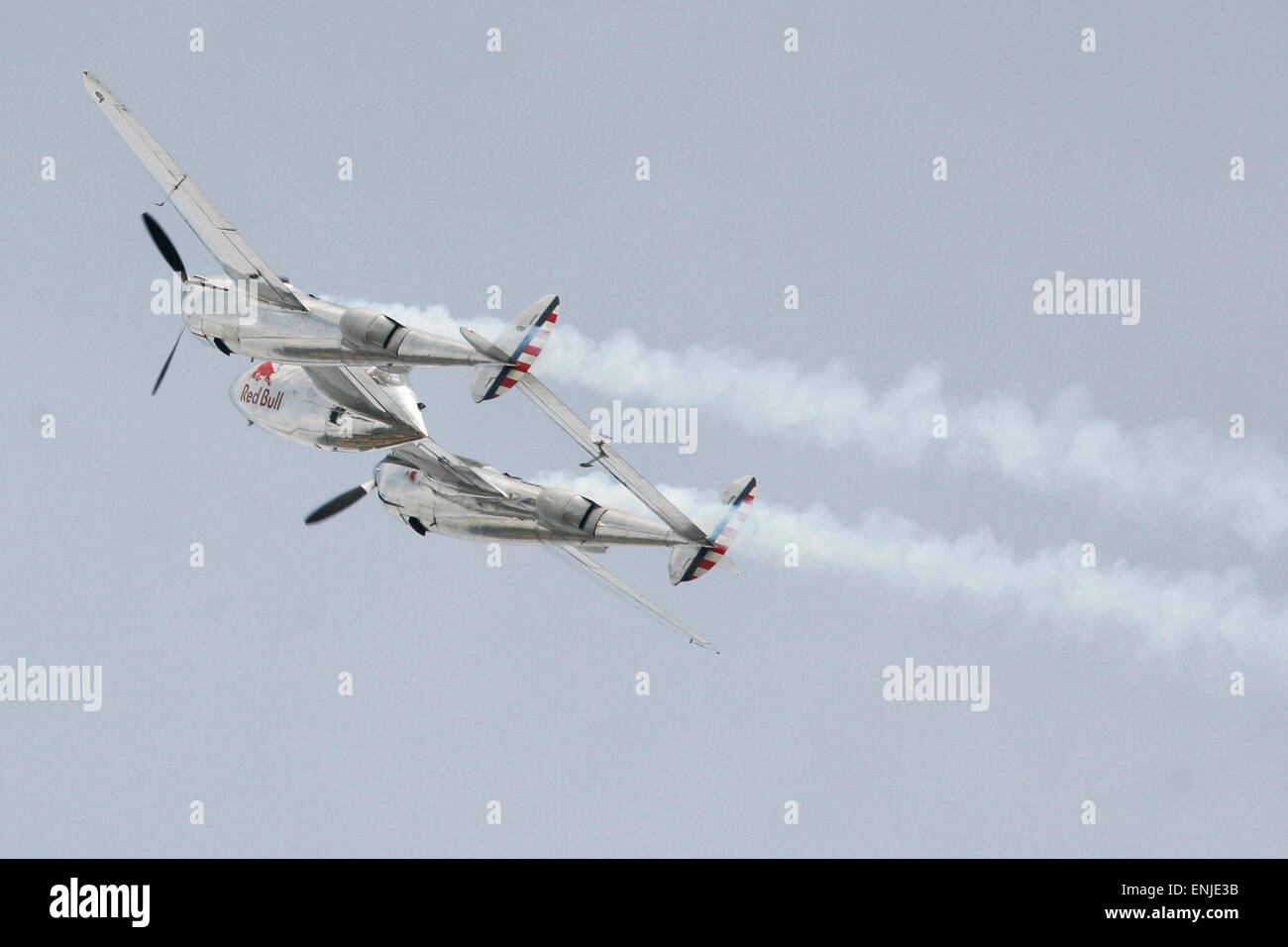 BUDAPEST, HUNGARY - MAY 1: P38 Lightning flying as part of the air show on May 1 celebration of 2014, Budapest, Hungary Stock Photo
