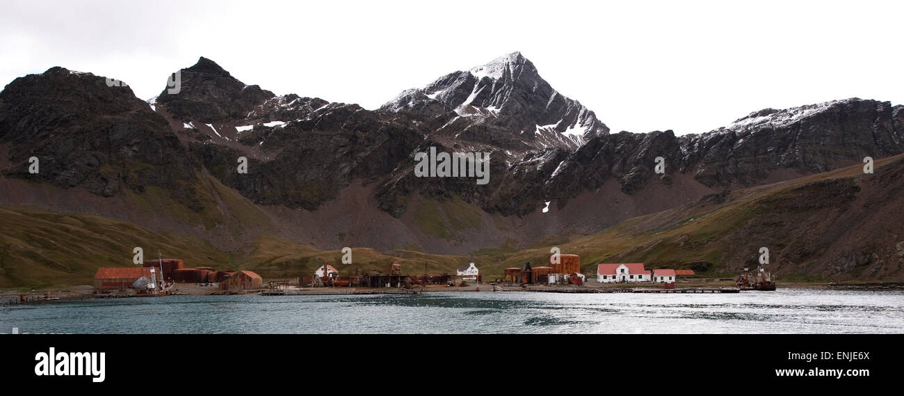 Grytviken, the principal settlement in South Georgia, a former whaling station and now a base of the British Antarctic survey Stock Photo