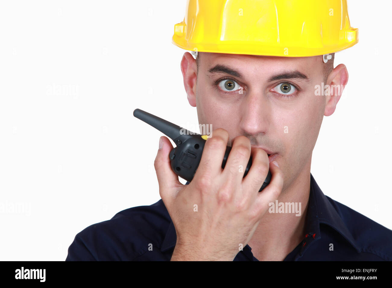 Worker with radio transmitter Stock Photo