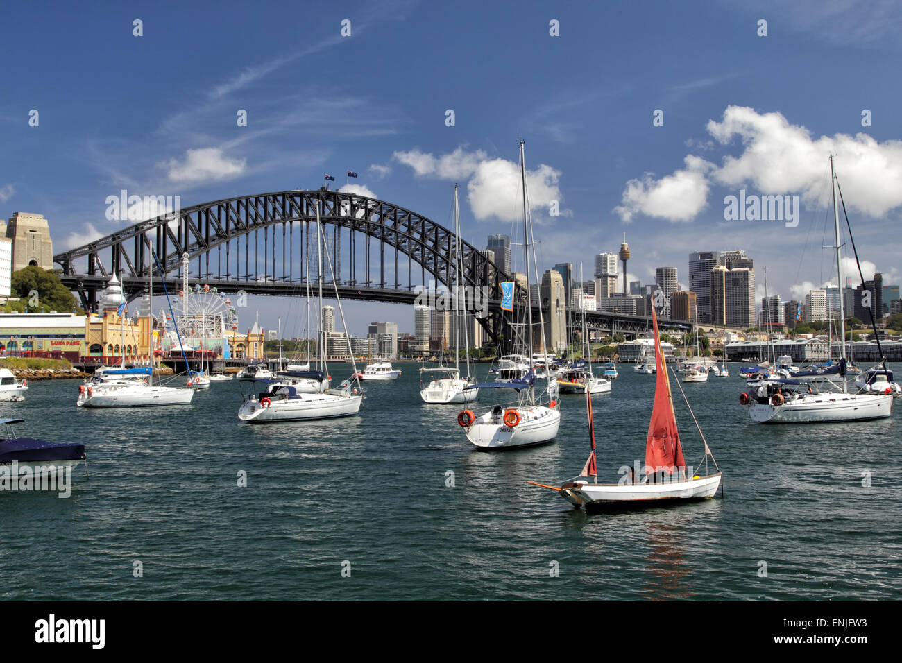 Sail boats anchoring in Lavender Bay in the Harbour of Sydney, Australia. Stock Photo