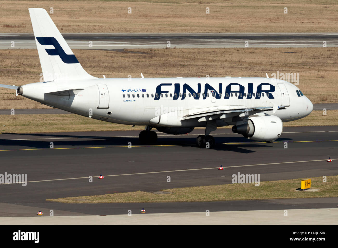 Finnair Airbus A319, taxiing to runway at Dusseldorf International airport, Germany. Stock Photo