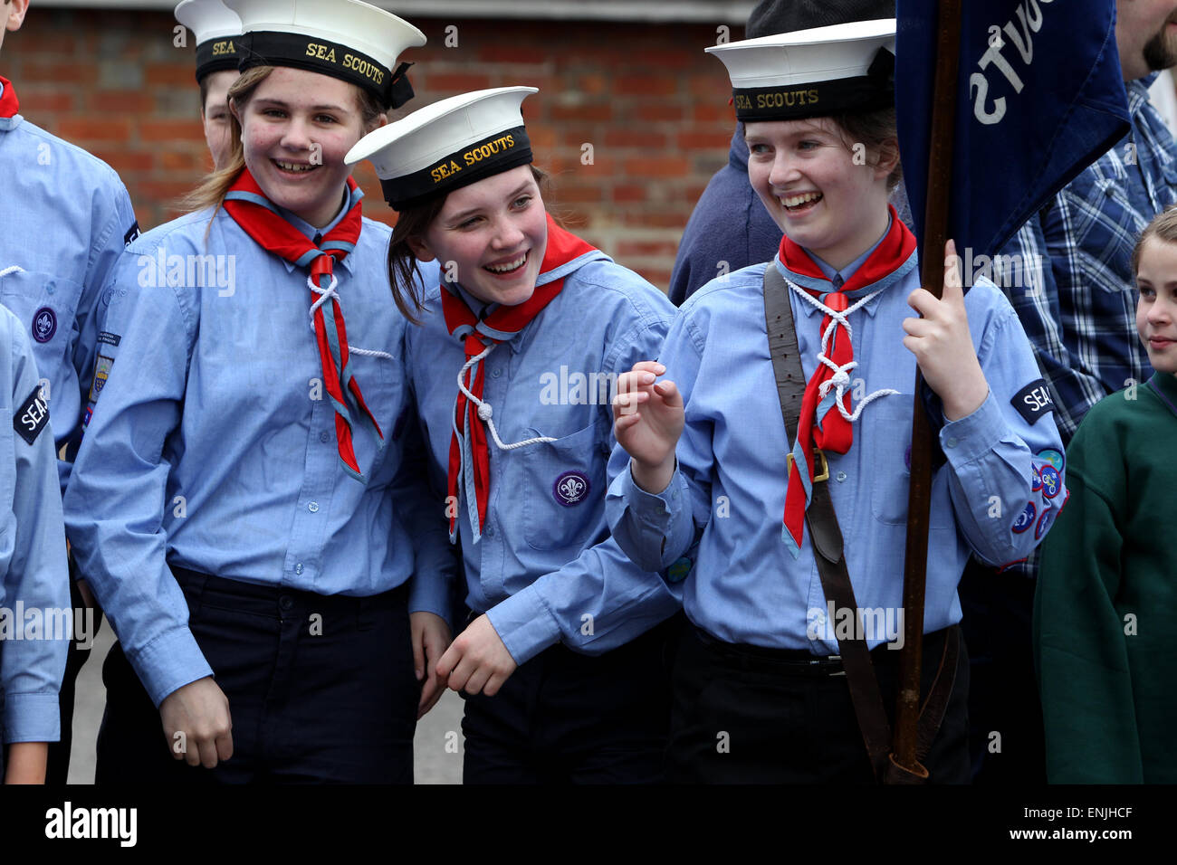Scouts pictured on a march through Petworth on St Georges Day 2015, West Sussex, UK. Stock Photo
