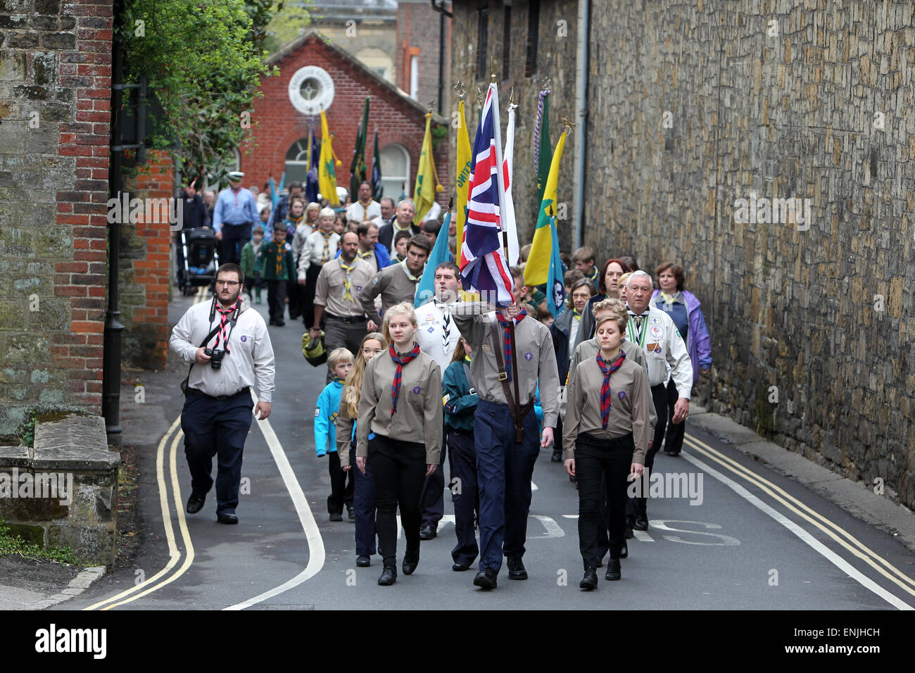 Scouts pictured on a march through Petworth on St Georges Day 2015, West Sussex, UK. Stock Photo