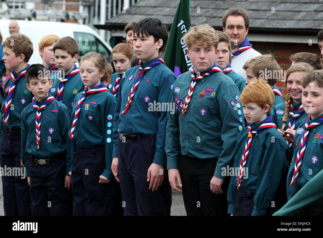 Scouts pictured on a march through Petworth on St Georges Day 2015, West Sussex, UK. Stock Photo