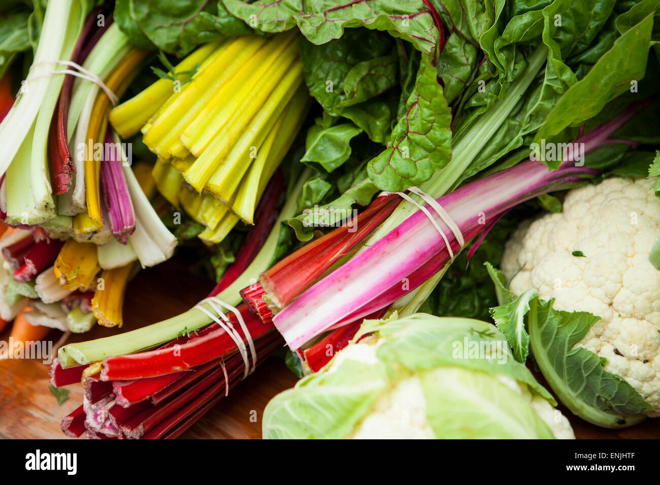 organic rainbow chard and cauliflower, Farmers Market, Santa Barbara, California, United States of America Stock Photo